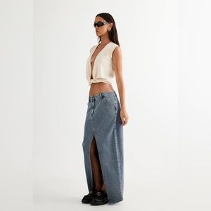 Lioness Barbie Split Midi Skirt in Faded Light Blue Denim